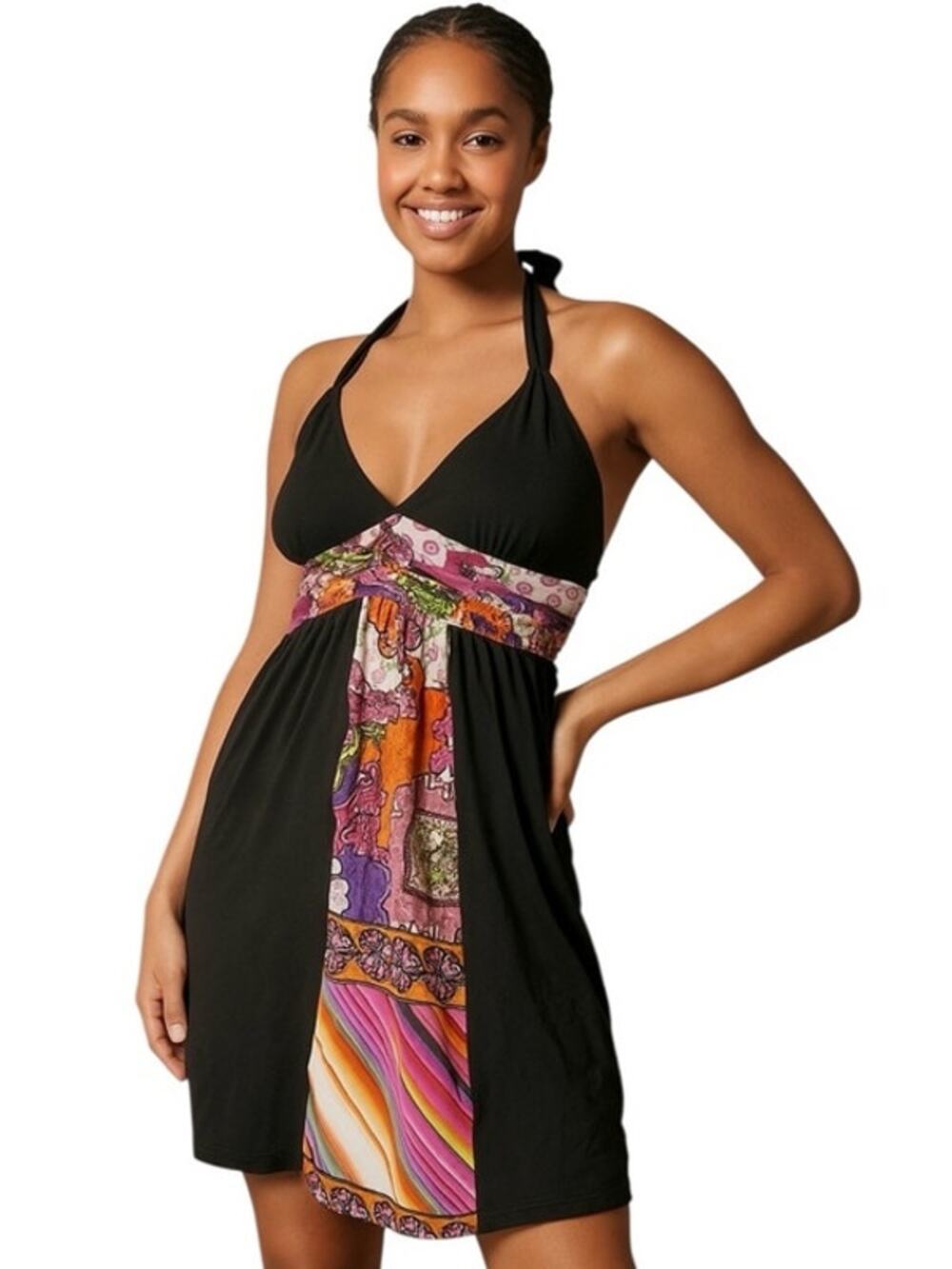 SINGLE DRESS NWT Black Halter Dress with 100% Silk Multicolor Accent Size Medium